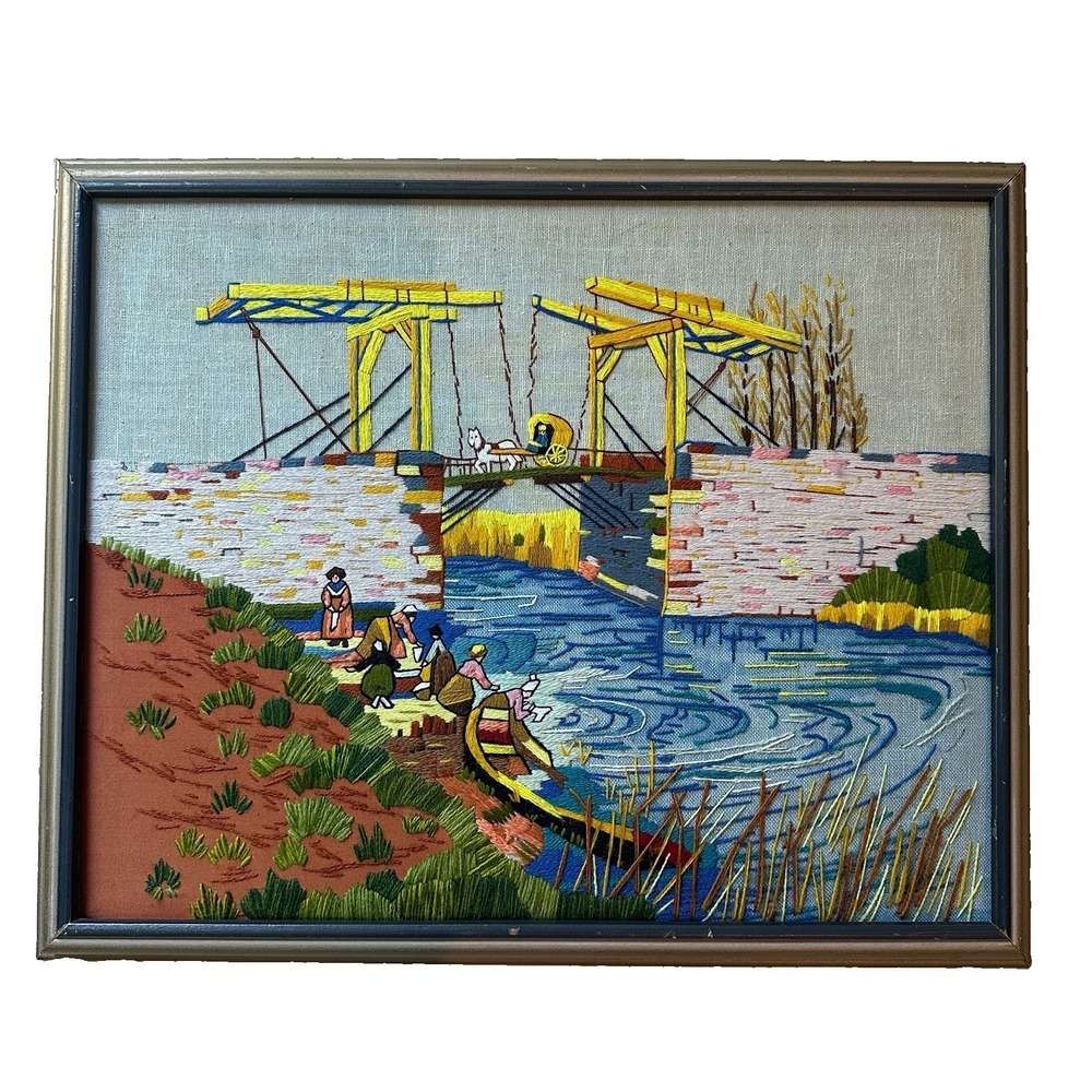VTG Crewel Embroidery Frame 22.5x18 in Vincent Van Gogh Langlois Bridge at Arles